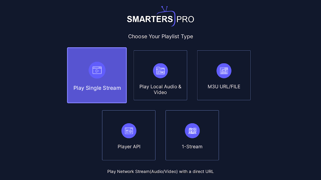 Smarters Pro TV screen offering single stream, local media, M3U, and player API options.