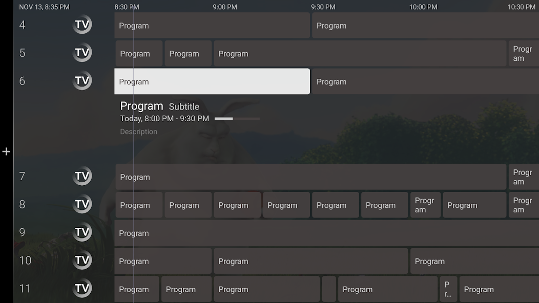 Sparkle TV program guide with channels and scheduled program blocks.