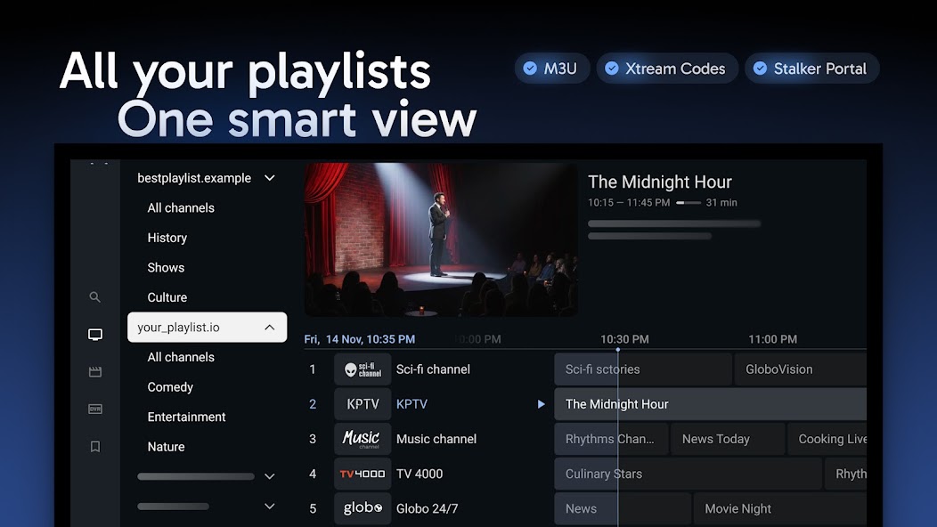 TiviMate TV guide showing playlist groups, channels, and scheduled programs.