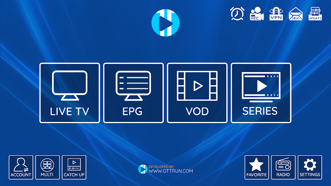 XCIPTV TV home screen with Live TV, EPG, VOD, Series, and Favorites controls.